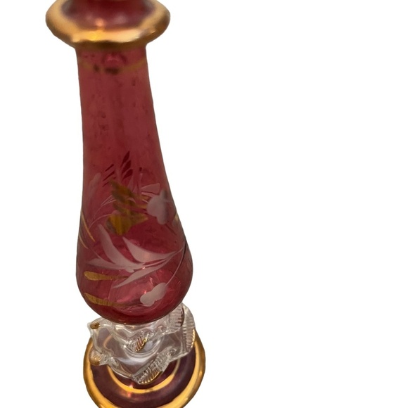 Vintage Egyptian Hand Blown Etched Glass Perfume Bottle Gold Trim With Stopper - Picture 10 of 12